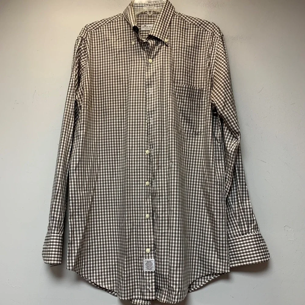 Peter Millar Crown Soft Shirt Mens Medium Brown Plaid Silk Blend Excellent LS